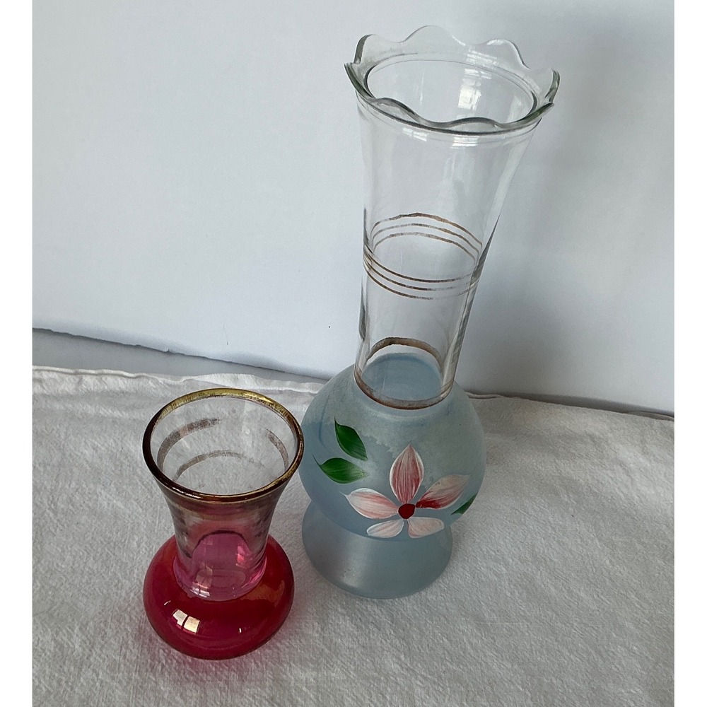 Bartlett‎ Collin's Vintage Bud Vases Hand Painted Blue Frosted & Cranberry Glass